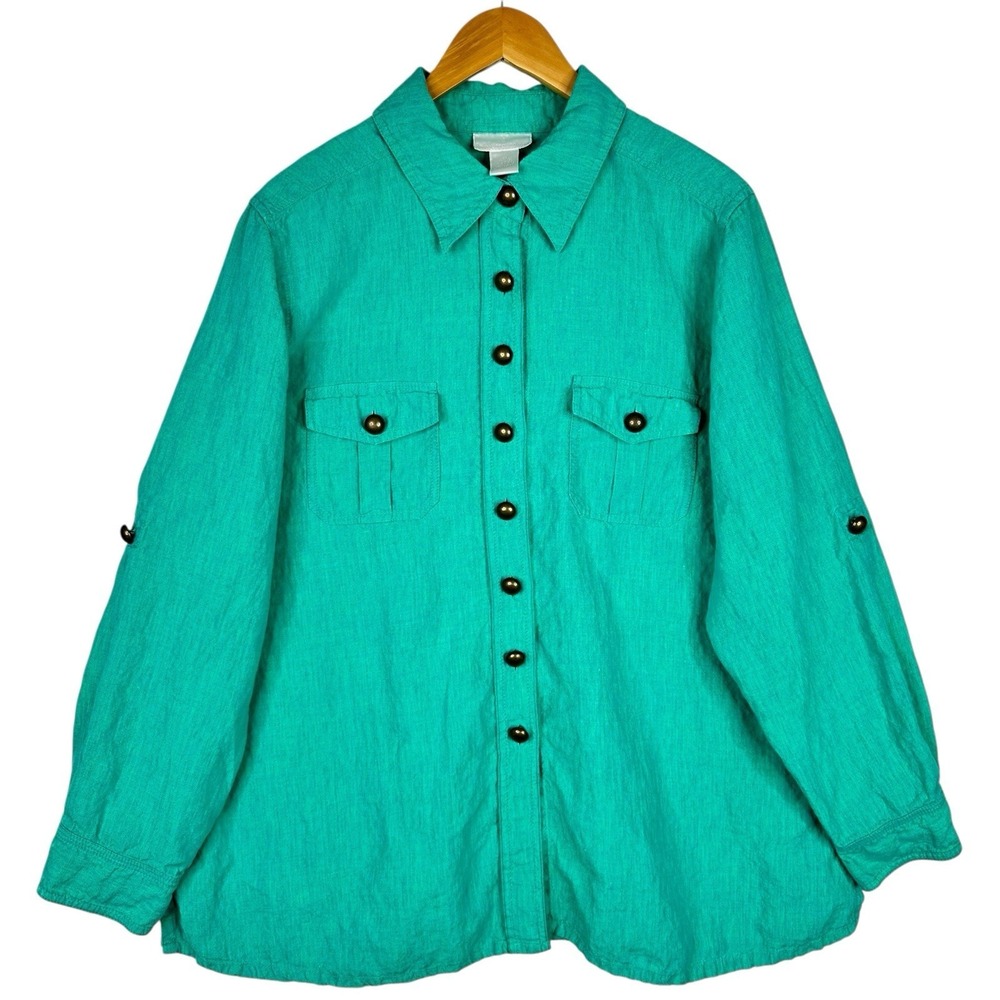 Soft Surroundings 100%‎ Linen Shirt Womens 1X Green Button Front Roll Tab Sleeve